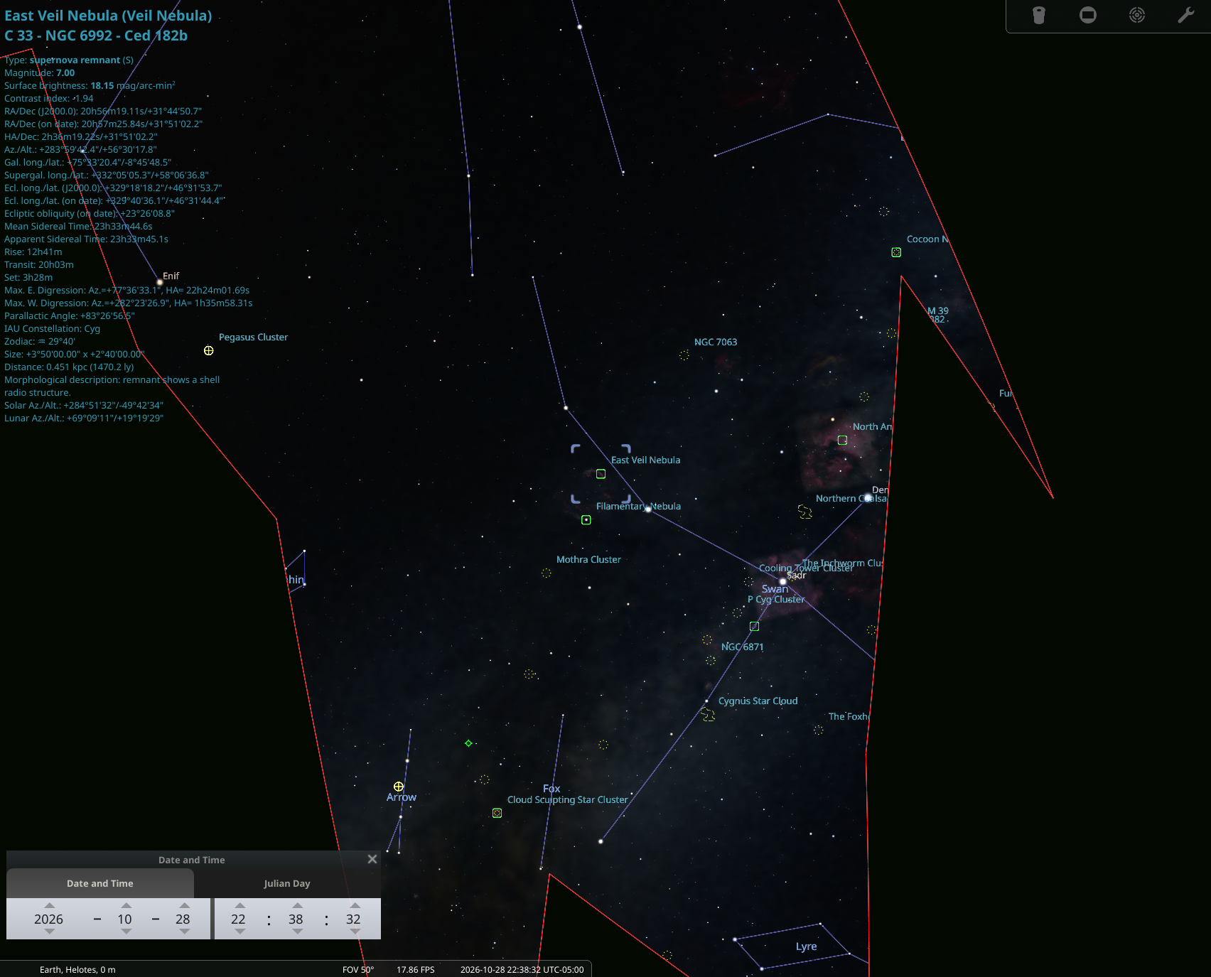 The Veil Nebula at az 283°, alt 56°, sitting right on the deck-east treeline